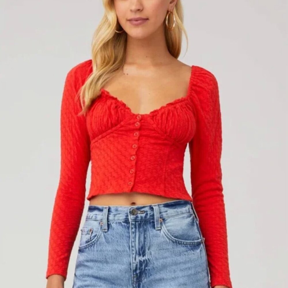 Free People Ladybug Long Sleeve Boho Top Flambe Red Cropped Womens Small